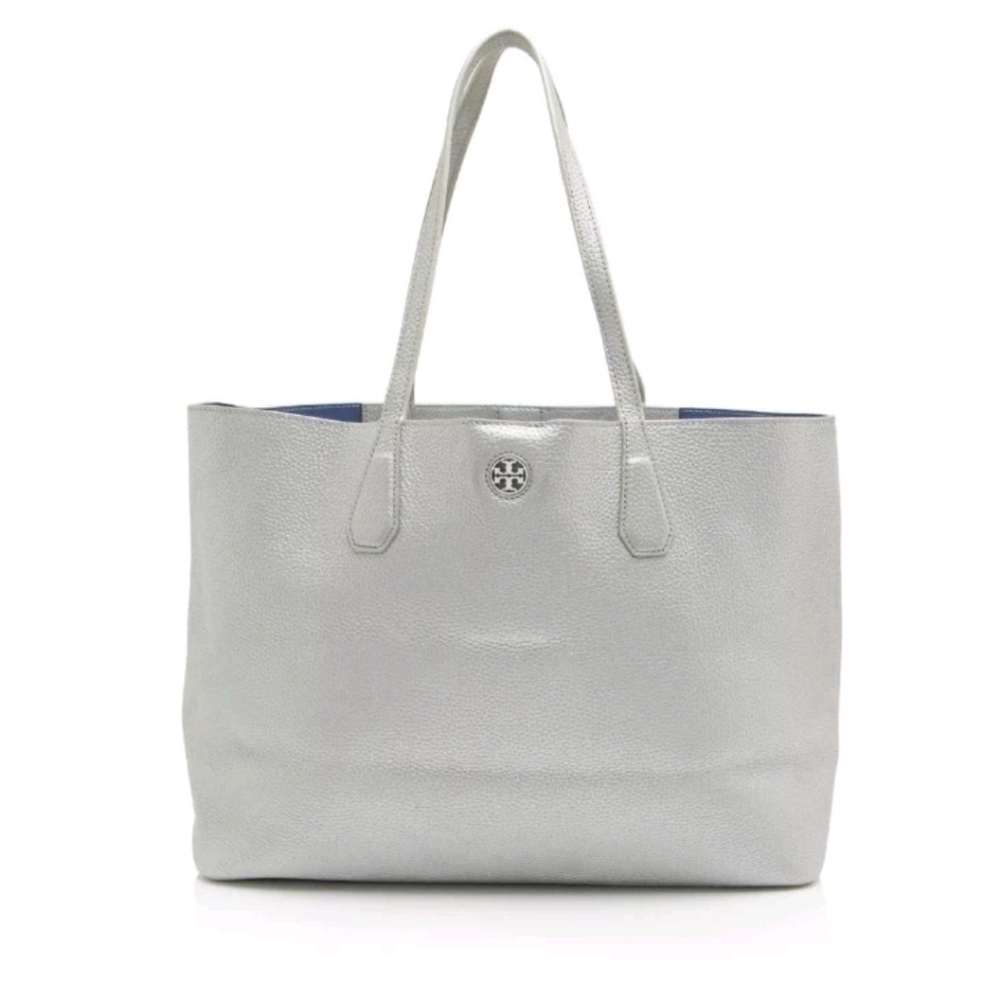 Tory Burch Silver Metallic Pebbled Leather Perry Large Tote Bag